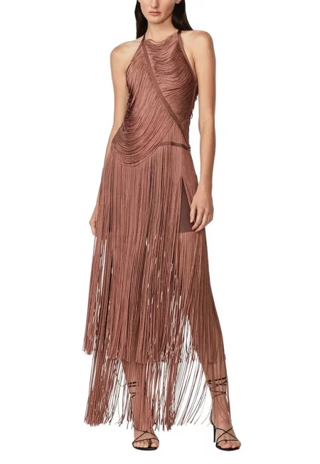 Дълга официална рокля - с ресни - с драпирана кройка - изработена върху бандажна основа - която скулптурира и оформя тялото - Кафяв