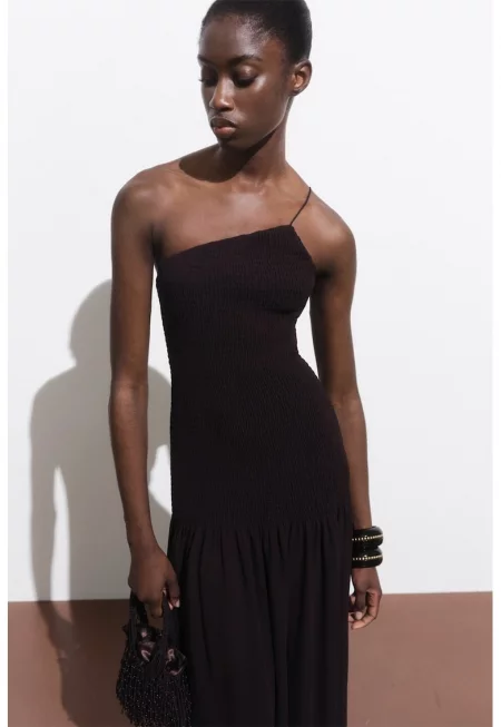 Дълга разкроена рокля с едно рамо - Тъмнокафяв