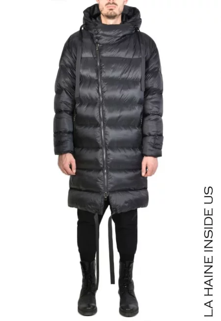 Дълго уголемено яке с качулка - закопчаване с цип с двоен плъзгач - Черен