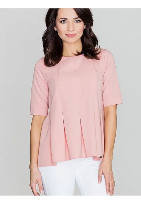 Дамска блуза - Ленитиф - розово - полиестер - къс ръкав - обло деколте