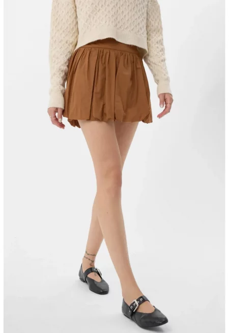 Дамска мини пола с пришити шорти -  висока талия - текстил - кафява