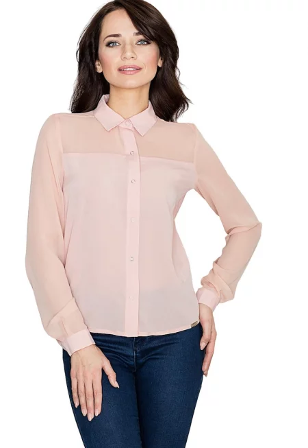 Дамска риза  K229 - розова - полиестер/еластан - дълъг ръкав - елегантен дизайн -
