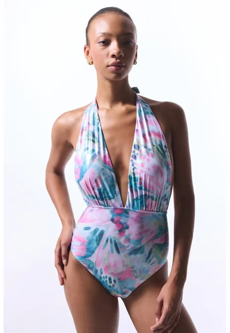 Флорален цял бански - Зелен/Розово/Син