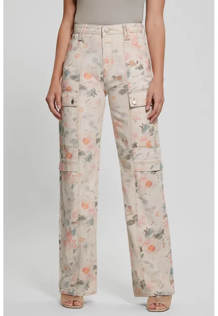 Флорални дънки с права кройка - Праскова/Светлосин/Крем