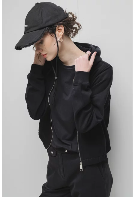 Худи от памук с цип - Черен