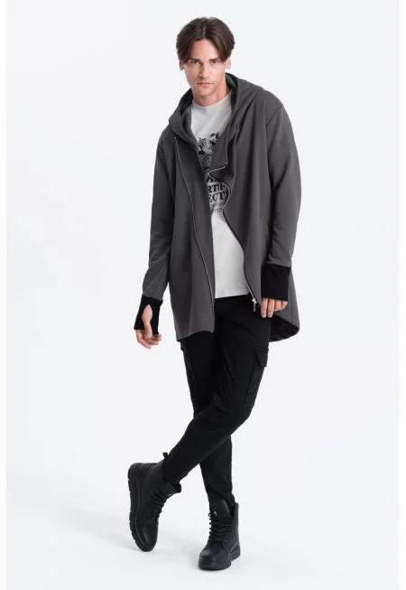 Худи с цип и асиметричен подгъв - Tъмносив