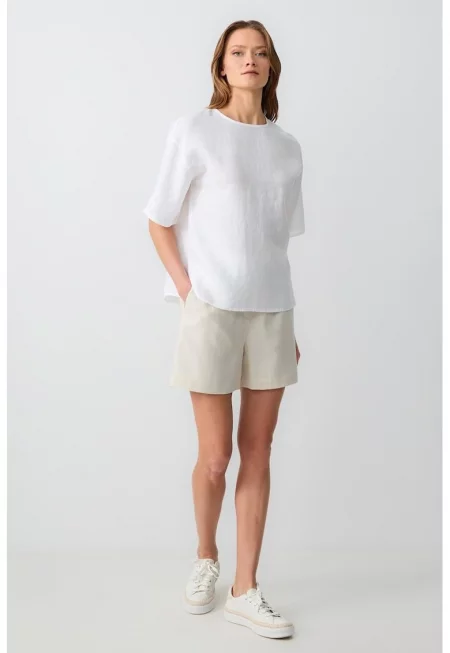 Къс панталон с лен с висока талия - Мръснобял