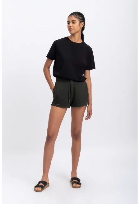 Къс панталон с висока талия и връзка - Избеляло черно