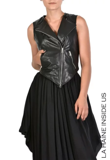 Къса кожена жилетка - закопчаване с цип и странични джобове - Черен