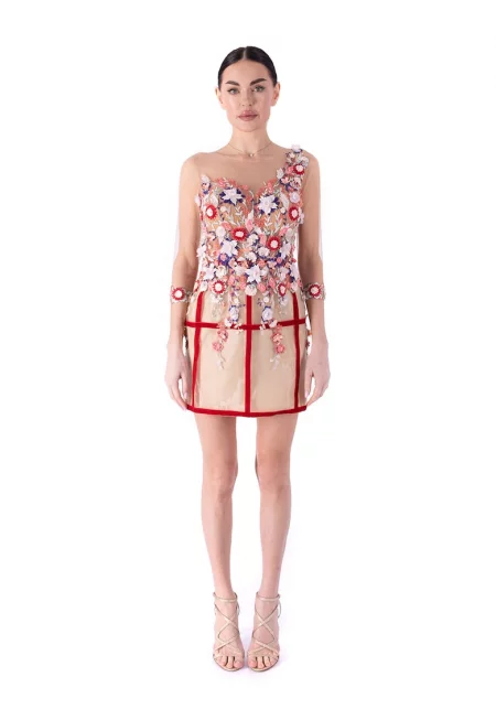 Къса рокля с мрежест панел - Червен/Виолетов/Бледо розово