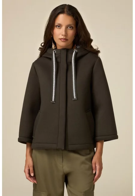 Късо неопреново яке с качулка - Тъмно каки