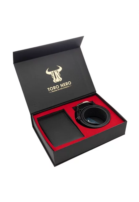 Комплект портфейл и колан - дамски - от естествена кожа - черен - малък