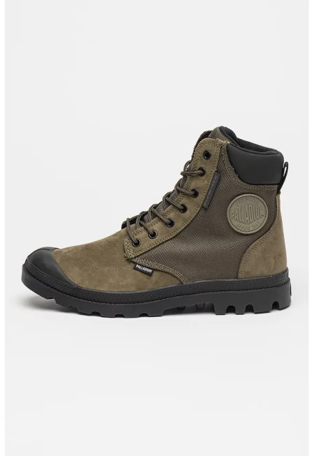 Кожени боти с текстил и връзки - Черен/Тъмнозелен