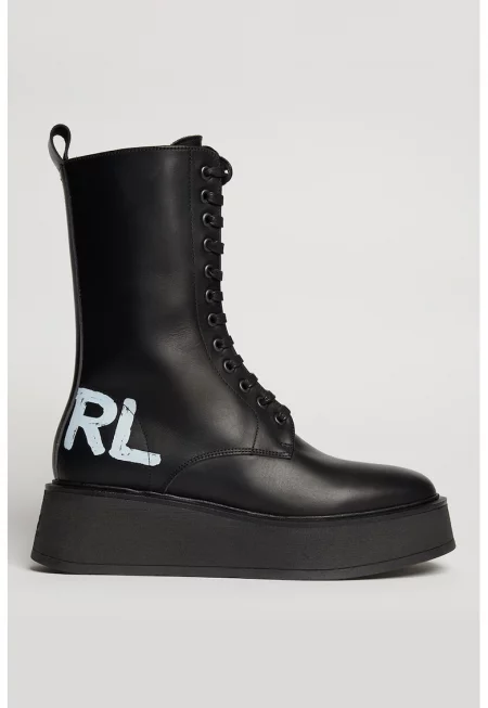 Кожени боти със скосена подметка и лого - Черен