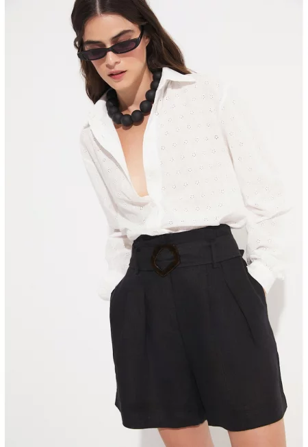 Ленен къс панталон с висока талия - Черен