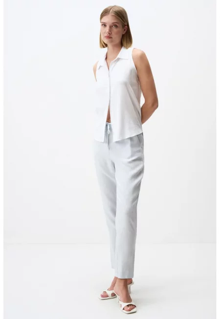 Ленен панталон с регулируема талия - Светлосин меланж