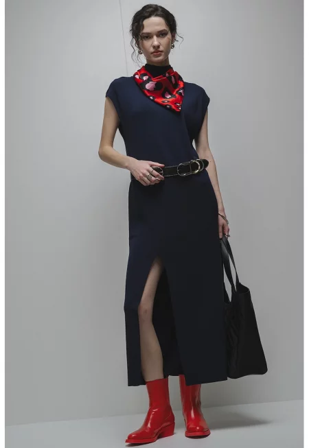 Миди рокля с цепка встрани - Тъмносин