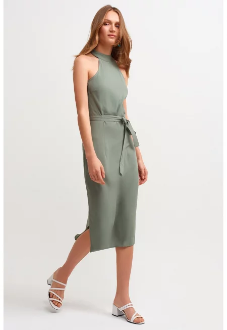 Миди рокля с връзка на талията - Зелени аспержи