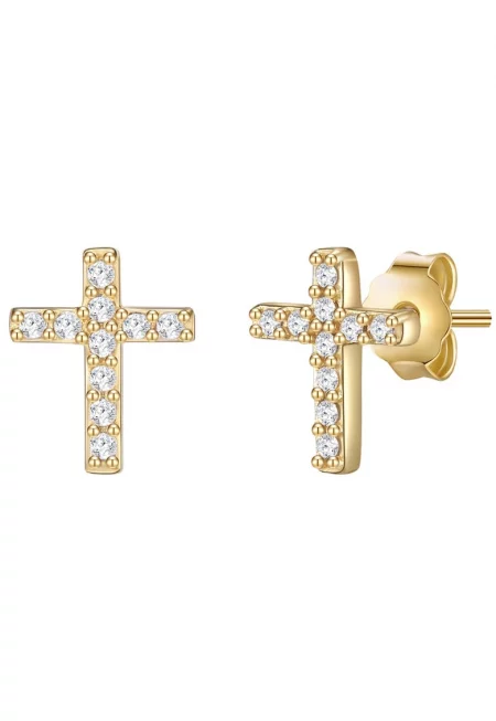 Обеци тип кръстчета с покритие от 14К злато и циркони - Златист/Жълт