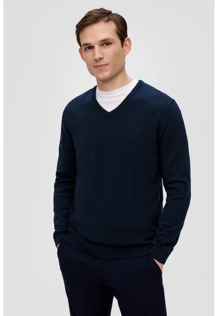 Памучен пуловер с шпиц - Тъмносин