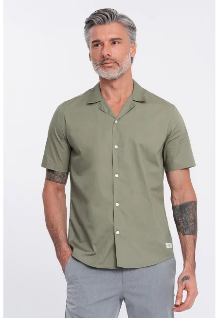 Памучна риза с къси ръкави - Маслинено зелено