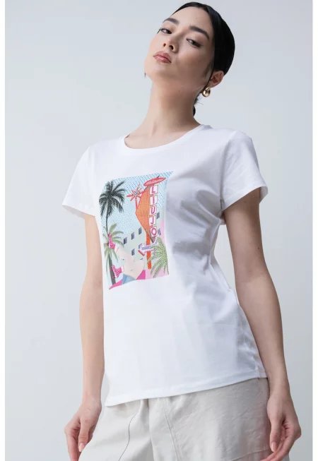 Памучна тениска с фигурален принт - Бял/Светлосин