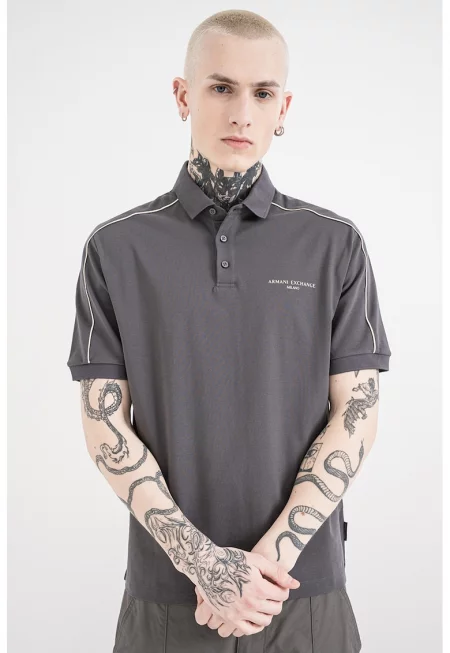 Памучна тениска с яка и лого - Въглен сиво