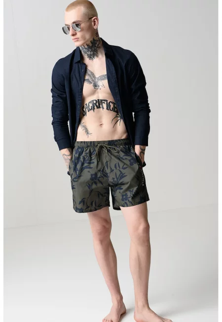 Плувни шорти с флорален принт - Ултрамарин синьо/Тъмно каки