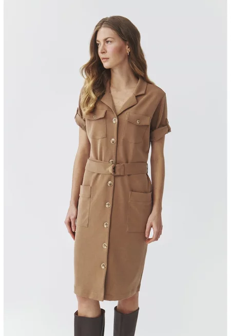 Права миди рокля с шпиц и джобове - Бежов