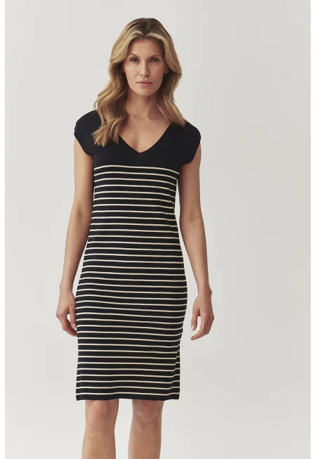 Раирана къса рокля с шпиц - Слонова кост/Черен