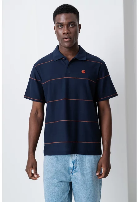 Раирана тениска с яка - Оранжев/Ултрамарин синьо