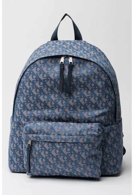 Раница с принт и външен джоб - Прашно синьо/Бежов