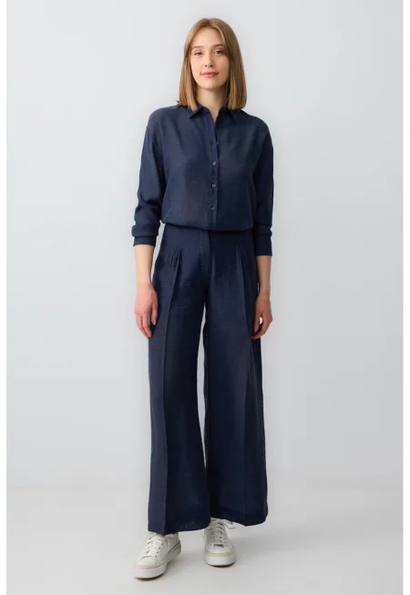 Разкроен панталон с висока талия - Тъмносин