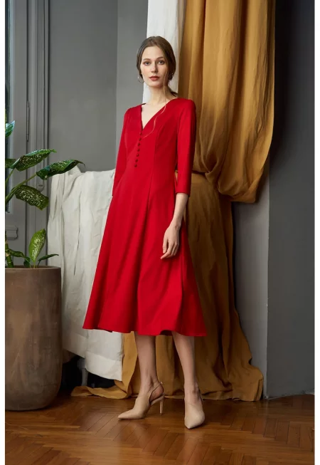 Разкроена миди рокля с шпиц - Аленочервен