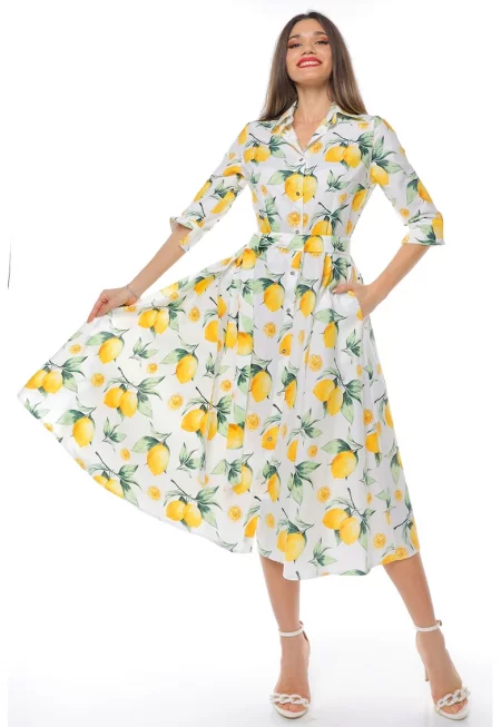 Разкроена рокля-риза с колан - Бял/Жълт