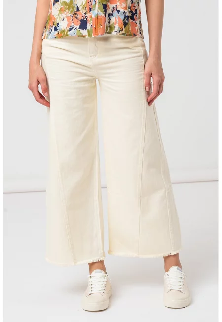 Разкроени дънки с висока талия - Крем