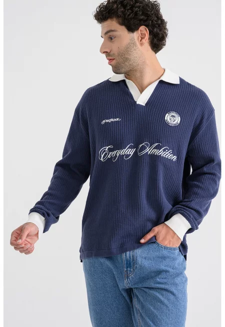 Рипсена блуза с яка и бродерии - Индигово синьо