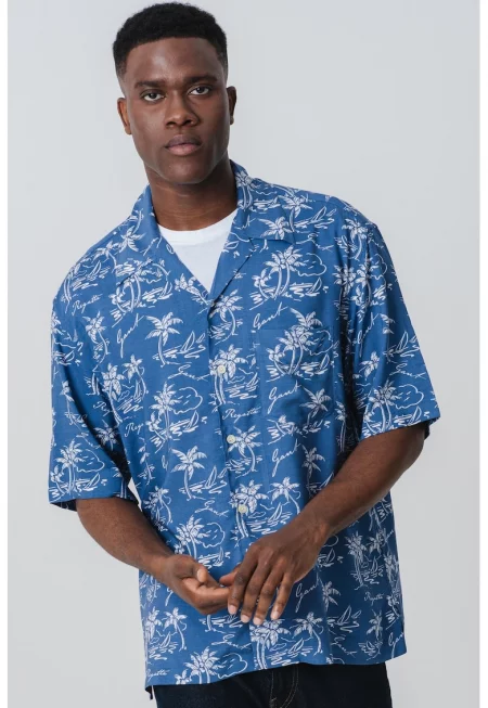 Риза с тропически принт - Мръснобял/Светлосин
