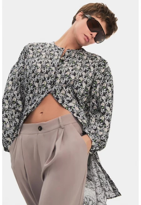 Рокля тип риза с принт - Черен/Светло сив