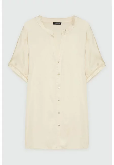 Сатинирана риза с къси ръкави - Крем