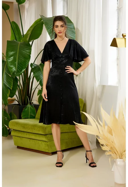 Сатинирана рокля с ръкави тип пеперуда - Черен