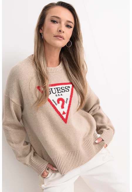 Свободен памучен пуловер с лого