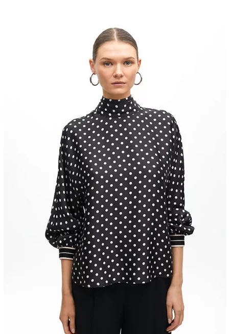 Свободна сатинирана блуза - Бял/Избеляло черно