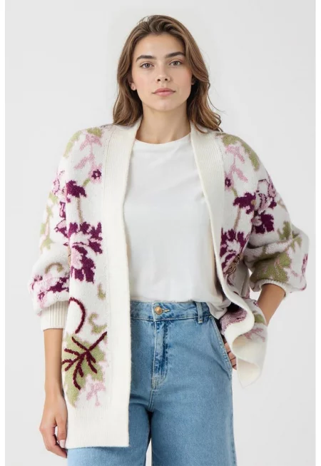 Свободна жилетка без закопчаване - Бял/Виолетов/Зелени аспержи