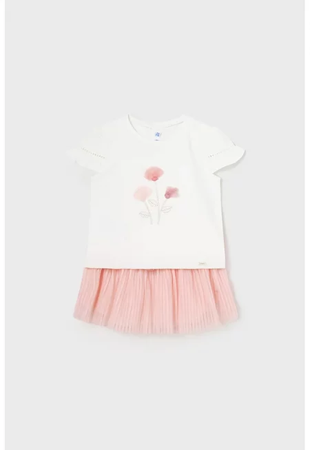 Тениска и пола от тюл - 2 части - Бял/Пастелнорозов