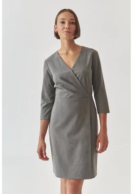 Застъпена рокля с 3/4 ръкави - Сив меланж