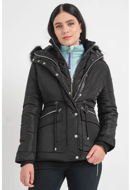 Зимно яке Acam с еко пух и качулка - Черен