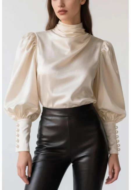 Bluza din amestec de matase cu guler inalt Aurora