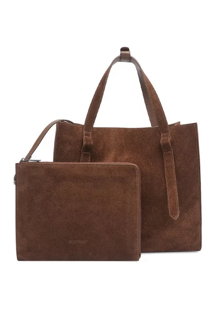 Чанта от набук и несесер - Тъмнокафяв