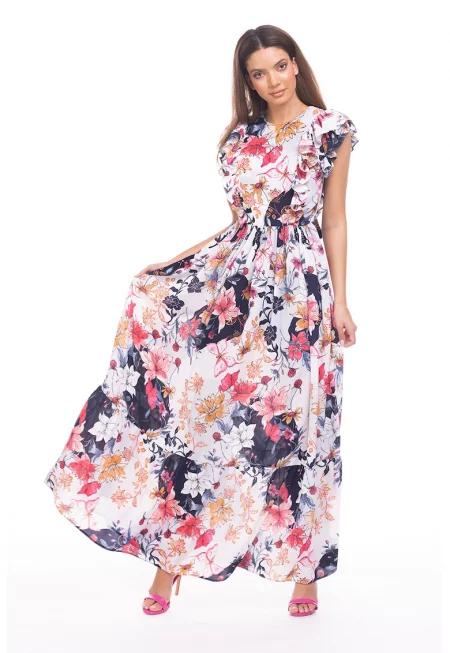 Дълга разкроена рокля с набирания - Бял/Корал/Тъмносин